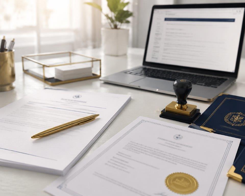 Company registration documents and incorporation papers arranged on a professional desk representing business registration services in Saint Lucia