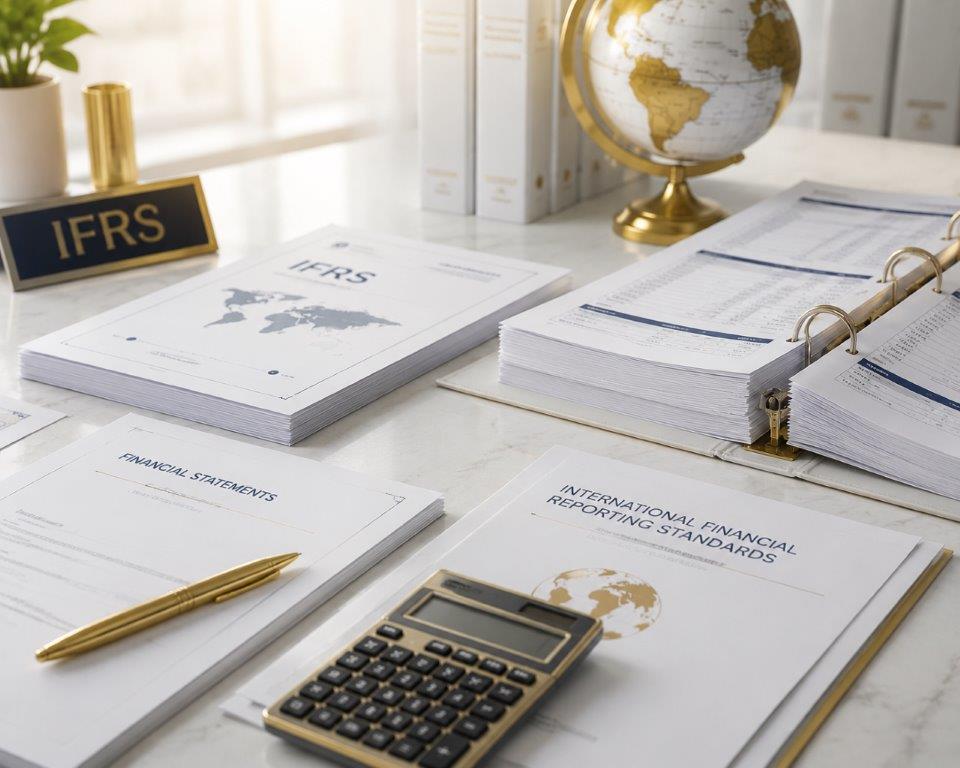 IFRS financial reporting documents and international compliance paperwork on a professional desk representing IFRS compliance services for Caribbean businesses