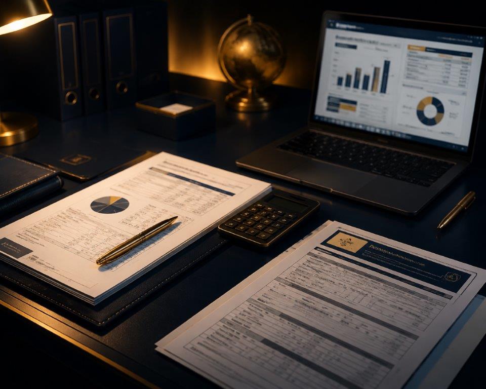 Accounting documents and financial ledger on a professional desk representing accounting services for small businesses in Saint Lucia
