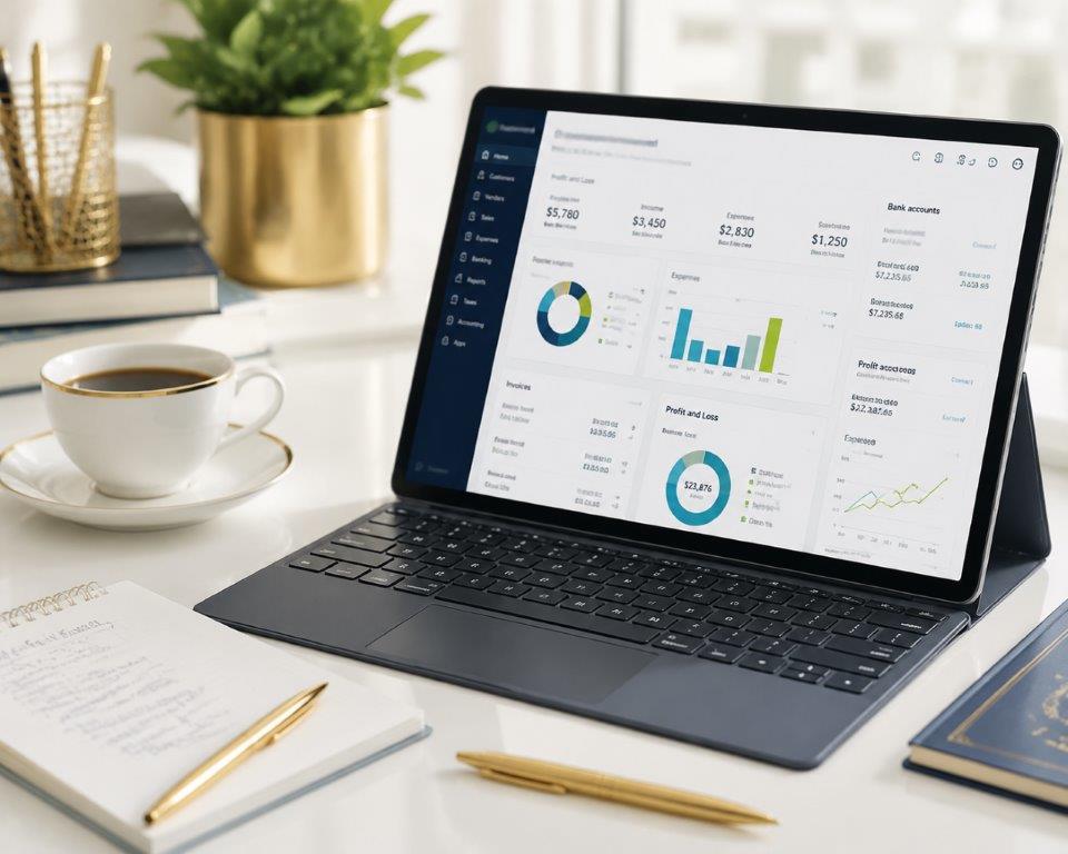 Laptop displaying QuickBooks accounting dashboard with financial charts representing cloud accounting services for Caribbean small businesses